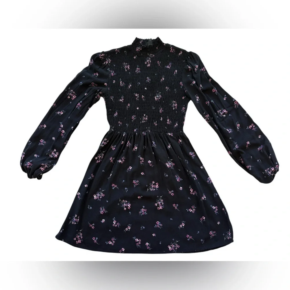 Wild Fable Mock Neck balloon sleeve Mini Dress Black Floral size small